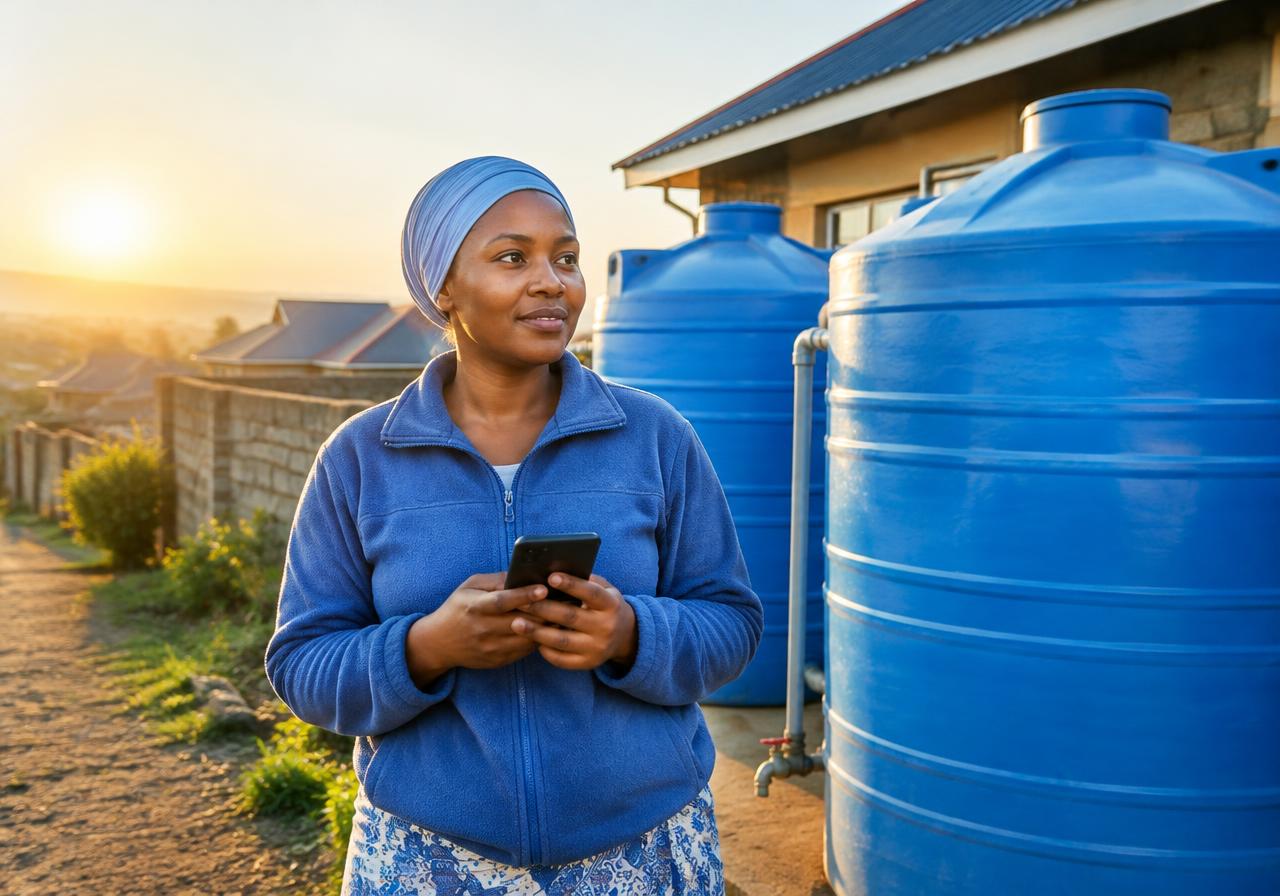 A Nakuru resident with a smartphone beside household water storage tanks